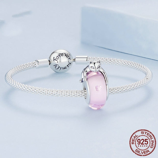925 Sterling Silver Glass Cat Beaded Bracelet