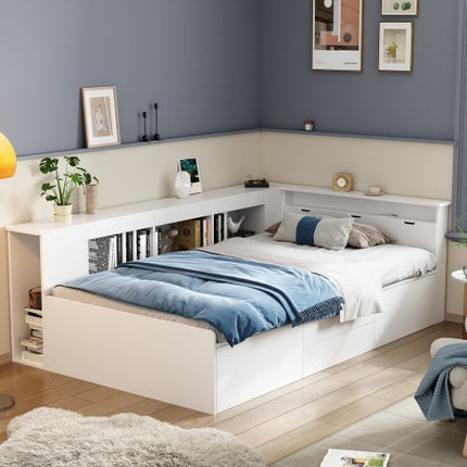 Kinderbed, Enkelbed-3ft90x190cm, Enkelbed, Multifunksionele Kinderbed Met Laaie, Boekrak En Opbergkas, Bedkas Met Bergplek, Sonder Matras, Wit
