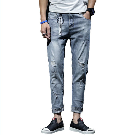 Spring And Summer Ripped Jeans Elastic Small Leg Straight Leg Pants Youth