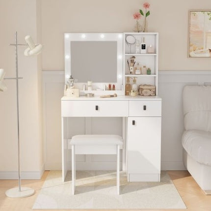 Kaptafel Met Ligte, Kaptafelstel Met Spieël, Grimeerkaptafel Met Groot Laaie Drievlak-Opbergkas, Kaptafels Met 3 Ligte Helderheidsverstelbaar Vir Slaapkamer, Wit