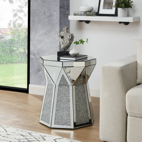 Dromstyl-koffietafel met SpieëlkrIsInleg, Veelhoekige Silwer Dekoratiewe Tafel, Moderne Ontwerp Luukse Moderne Meubels, 20 Duim Ongeveer 50 Sentimeter Lae Koffietafel, Geskik Vir Sitkamer