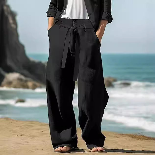 Men's Linen Belt Elastic Waist Straight Pure Color Comfort Breathable Outdoor Pants