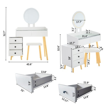 Kaptafel met LED-ligte, Glaskap, Uitskuifbare Syktafel, 5 Laaie, Spieël en Stoeltjie vir Slaapkamer