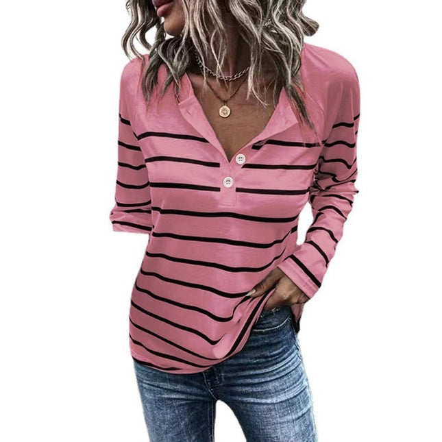 Striped Round Neck Button Casual Loose Long Sleeve