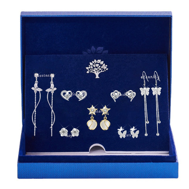 S925 Sterling Silwer Pak Vroulike Kombinasie Pragtige Mode Lang Strik-Oorbelle