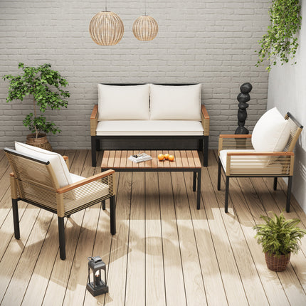 Garden Lounge Set, Garden Furniture Set With Comfortable Cushions, Double Sofa, 2 Armchairs And Table, Outdoor, Rattan, Table And Chairs, Beige
