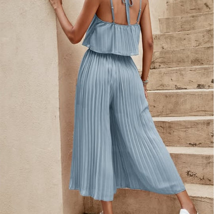 Women's Summer Solid Color Vacation Loose Suit Strap Backless Thin Romper Streetwear INS One-Piece Outfit Beach Style Striped Wide Leg Trousers Casual Suit
