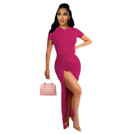 Women's Knit Pit Fabric Drawstring Short Sleeve Dress