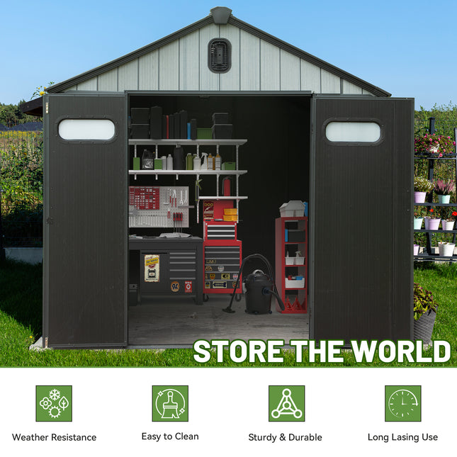 8X10FT Buiteharsbergingskuur, Waterdigte Plastiektuinwerktuigskuur Met Toesluitbare Deur, Vensters & Ventilasies, Buitegereedskapskuurtjie Vir Patiomeubels, Grassnyer, Fiets