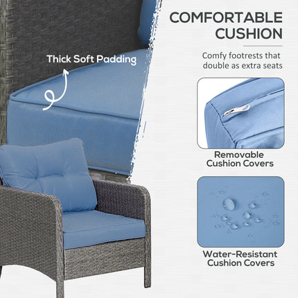 5 Pieces PE Rattan Garden Furniture Set, Wicker Outdoor Sofa Set W/ 2 Armchairs 2 Stools Glass Top Table Cushions, Blue