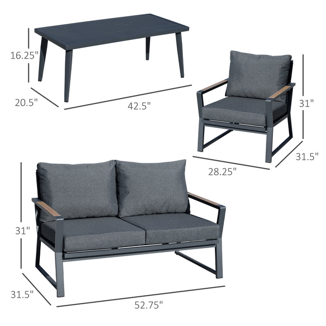 4-Stuk Patio Meubelstel, Aluminium Gespreksstel, Buite Tuinbankstel Met Armstoele, Tweesitplekbank, Sentrale Koffietafel En Kussings, Donkergrys