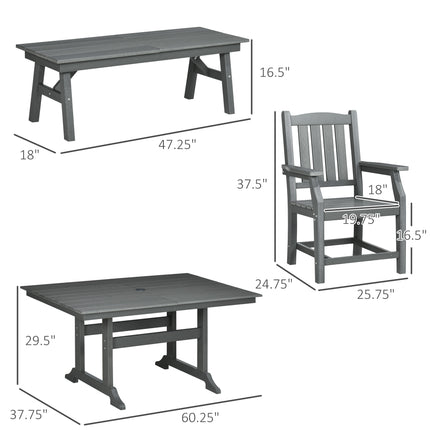 6 Pieces Patio Dining Set, 6 Seater Outdoor Table and Chairs, Conversation Furniture, Armrests, Loveseat Bench, Dinner Table with Umbrella Hole, Cushions, Dark Gray