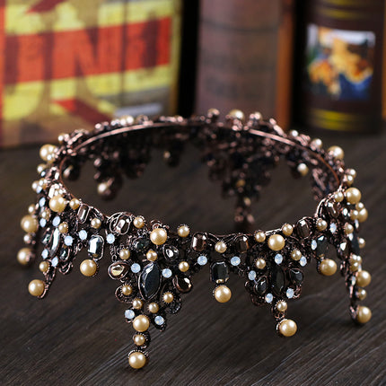 Ouvintage Pêrelkopstuk in Diamantbesaaide Metaal