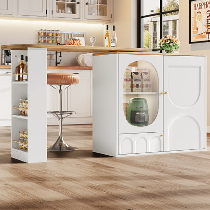360° Draaiende Kroegtafel Liggaam 138 X 39 X 105 Cm, Koffiekroegmeubels, Draaiende Eettafel Met Bergspasie, Kookeiland, Twee Deure Met Rakke, Sytafel, Buffet, Wit