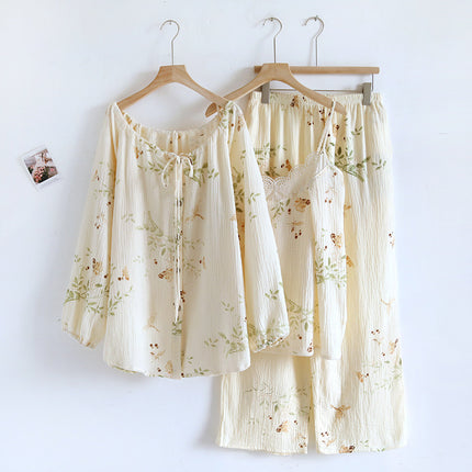 Cotton Crepe Three-piece Pajamas Women's Long-sleeved Cardigan Strap Lace