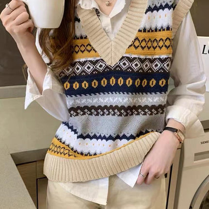 Retro V-neck Rhombus Vest Women's Knitted Jacquard Sleeveless Sweater