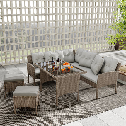 Tuinmeubelstelle, Tuinbank, Tuinhoekbank Rattan Patio Stel, 6-7 Siter Buiten Patio Meubels, Sitkamer Hoekbank Stel Met Tafelstoel, Gemengde Khaki Riet Met Liggrys Kussings