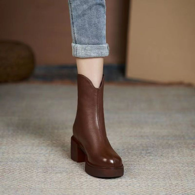 Women's Autumn And Winter Thick Heel Real Soft Leather High-heeled Martin Boots