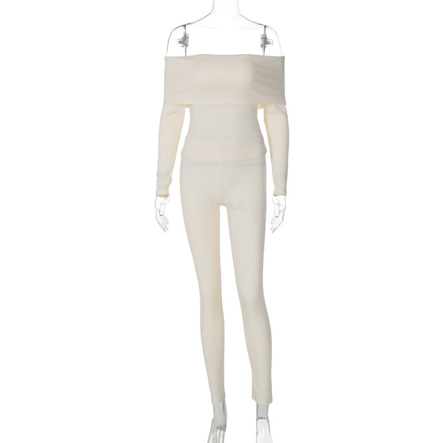 European And American Solid Color Rib Long Sleeve Off-shoulder Slim Trousers Two-piece Set