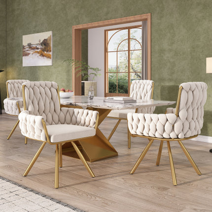 Fluweel Eetkamerstoel, Leunstoel, Enkel Luukse Sitkamer- En Slaapkamer Swivelstoel, Ontspannings Swivelstoel Met Vier Metaal Steunpote, Beige