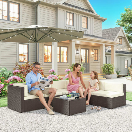 7 Stuk Patio Meubelstel, Alleweer PE Rattan Buitemeubel Gesprekstelle met Glasplaat Koffietafel