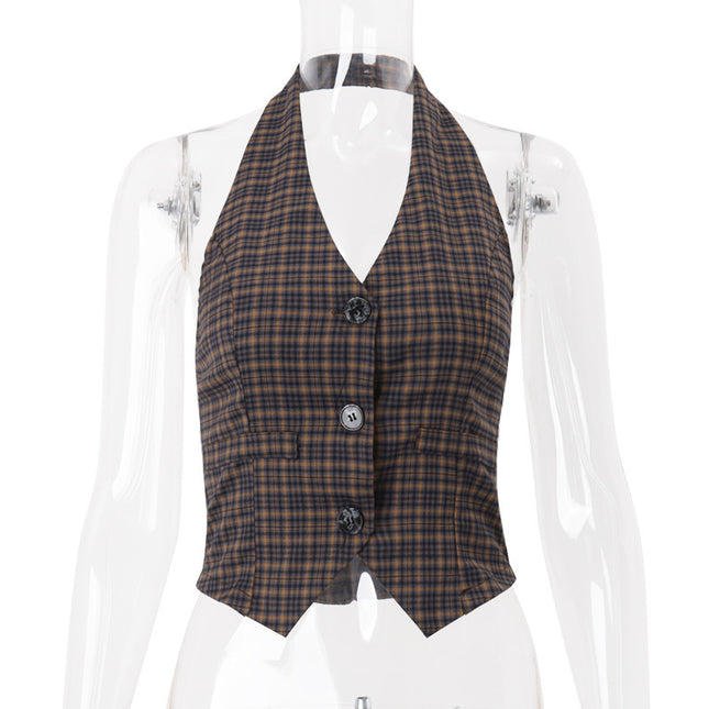 Vintage Plaid Cardigan Button Halterneck Vest Top