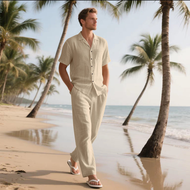 Casual And Comfortable Button Polo Short Sleeve Trousers Beach Suit