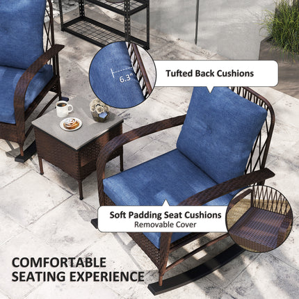 3 Piece Wicker Patio Furniture Set, Outdoor PE Rattan Rocking Chairs with Coffee Table, Cushions for Porch, Brown