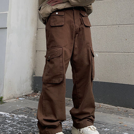Pants Casual Multi-pocket Loose Straight Retro American Overalls In Brown