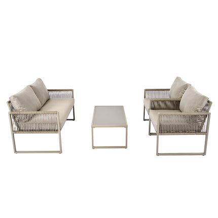 Outdoor Patio&Backyard Furniture Garden Lounge Set For 4 People, Thick Quality Space Saving Sofa With Glass Coffee Table, Khaki