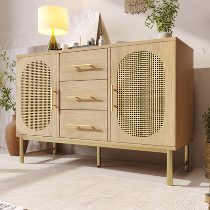 Rattan Sideboard Storage Cabinet With 2 Doors 3 Drawers, Storage Cabinet For Living Room, Bedroom, And Hallway, Metal Handles, Adjustable Shelves, Anti-Tip, 120 X 40 X 74 Cm, Oak