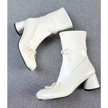 Ballet Style White High-heeled Round Head Thin Booties