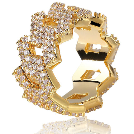 Hip Hop Ring 14mm Ruite Kubaanse Ring, Regte Goud Plaat, Dubbelry Sirkoon Ring
