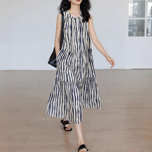 Round Neck Loose Stripe A- Word Vacation Style Midi Dress