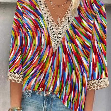 Women's Loose New Multi-color Floral Print Stitching Lace Mid-sleeve V-neck T-shirt