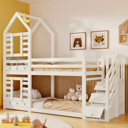 Stapelbedberging Kinderkajuitbed Enkelbed Met Venster Vir Kinders, Dubbelslaper 190x90 Cm, Soliede Dennehout, 3VT - Wit