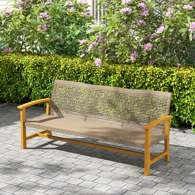 3-Sitplek Wicker Buitenbank Patiobank, Acaciahout Patiomeubels met Staalsitplek Armleunings, 1000 LBS Kapasiteit, Teakhout