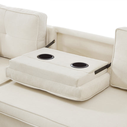 L-vormige Uittrekbare Slaapbank, Moderne Omkeerbare Slaapbank, 3-in-1 Omskakelbare Slaapbank met Bêre Chaise, Opvoubare Tafel, Bekerhouers en Laaipoorte