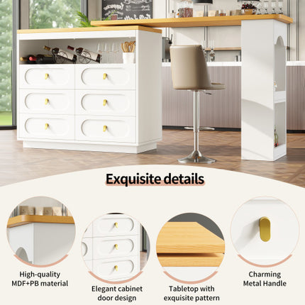360 Roterende Kroegtafel Hoofgedeelte 137 X 39 X 90 Cm, Koffiekroegmeubels, Roterende Eetkroeg Met Berging, Kombuiseiland, Met Speseryrak, Ses Laaie, Oop Bergingspasie, Wit