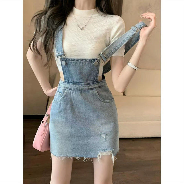 Blue Denim Suspender Skirt Dress Temperament Design Sense