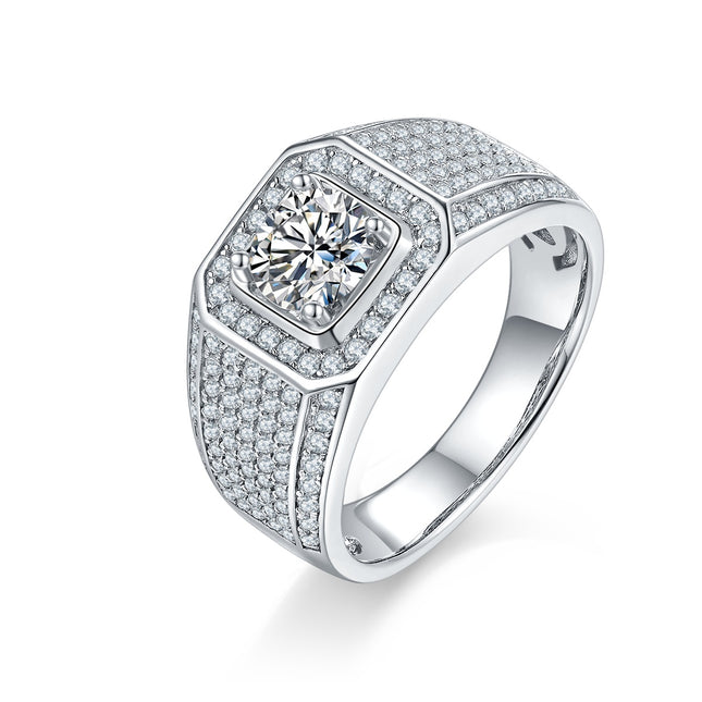 Mans 1-karaat Luukse en Modieuse Ligluukse Juweliersware Silwerring Stel met Topgehalte Moissanite, S925 Versilwerde Platinum