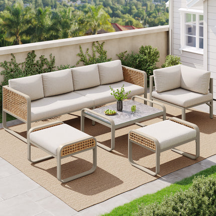 Outdoor Garden Lounge Set, Rattan Furniture Set For 6-7 People, Corner Sofa With Galvanised Iron Frame, Adjustable Legs, Includes All Seat And Back Cushions, Beige