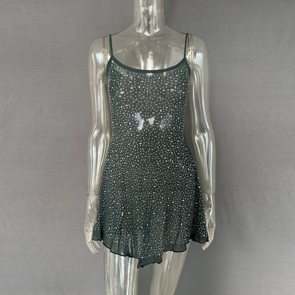 Trendy Rhinestone Sheer Party Dress - Women's Sexy Mini