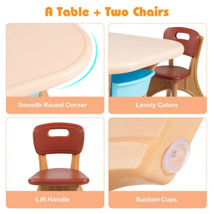 Bruin Kinder Tafel En 2 Stoele Stel Met 4 Bergingsbokse, Kleuteraktiwiteitstafel Vir Teken Speel Eet, Kinder Meubels Vir Binne Buite