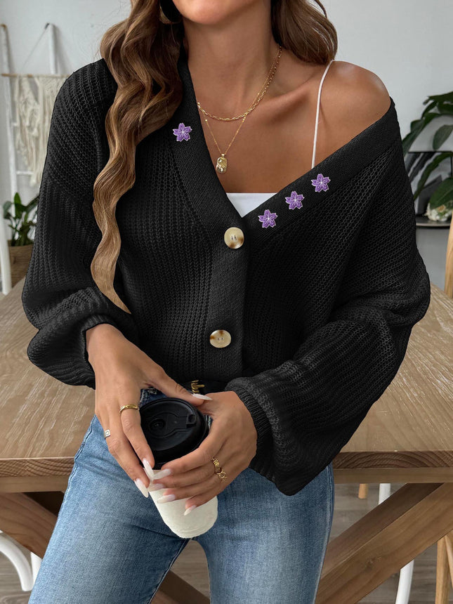 Embroidered Stickers Short Button Coat Sweater Cardigan
