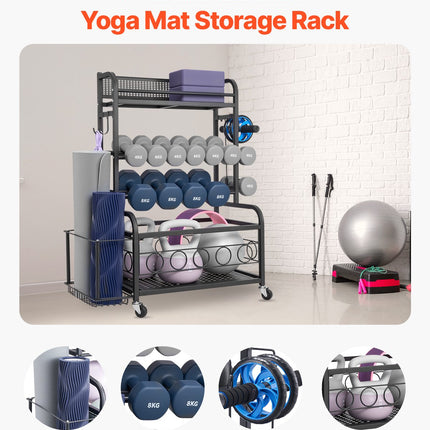 Joga Mat Bergrek, Tuisfiksheid Oefentoerusting organiseerder, Poeierbedekte Staal Joga Mat Houer Met Hake En Wiele, Gewigrak Vir Handgewig, Kettlebell, Skuimroller En Jogaband