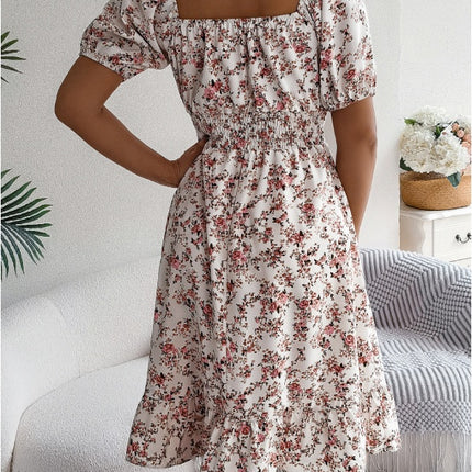 Spring Summer Casual Vacation Puff Sleeve Drawstring Short Sleeve Floral Dress
