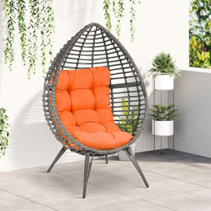 Patio Rattan Eierstoel m/ Sagte Kussing, Traandruppel-Knusselsitplek, Buite-/Binne-Patio Stoel, PE Plastiek Rattan Meubels met Verstelbare Hoogte Voetkussings, Oranje