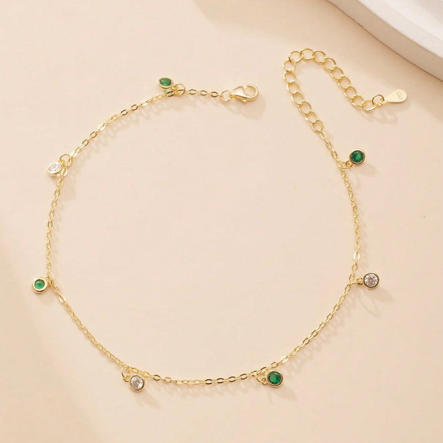 Vars En Minimalistiese 925 Silwer Wit En Groen Sirkoon Hanger Enkelbandjie, Perfek Vir Vroue Se Alledaagse Juwele