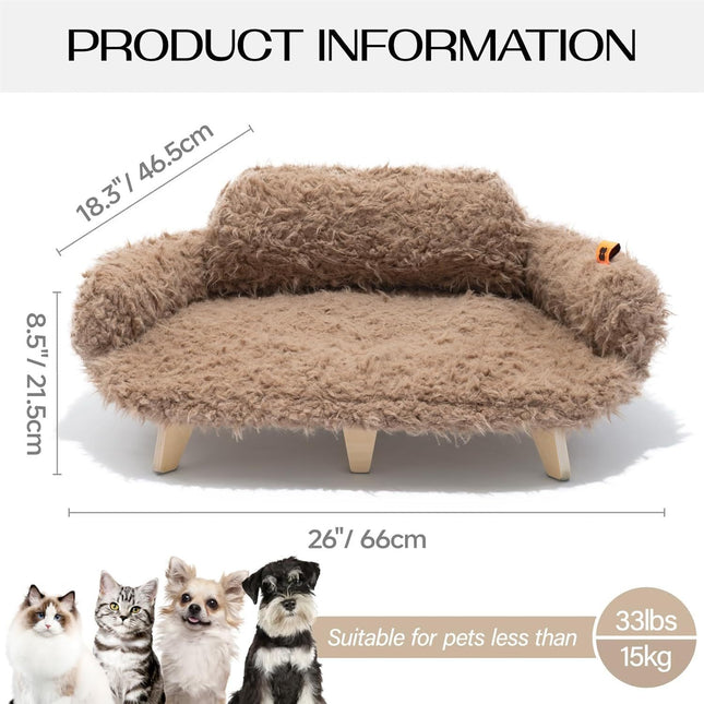 MEWOOFUN Elevated Cat Bed With Washable Cover - 26x18.3x8.5 Inch Wooden Pet Sofa For Cats & Small Medium Dogs, Modern Pet Furniture Brown